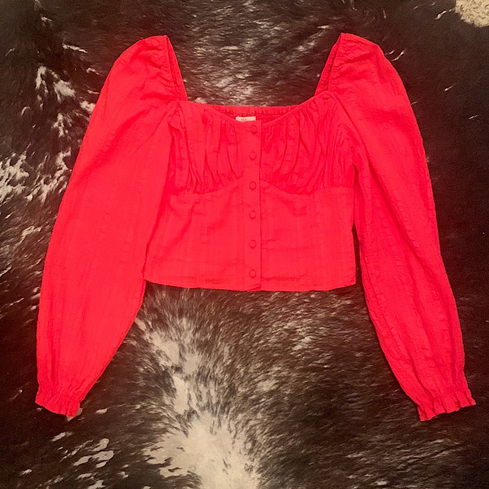 Bright Red C&V Button Up Crop Top with Accented Sleeves!